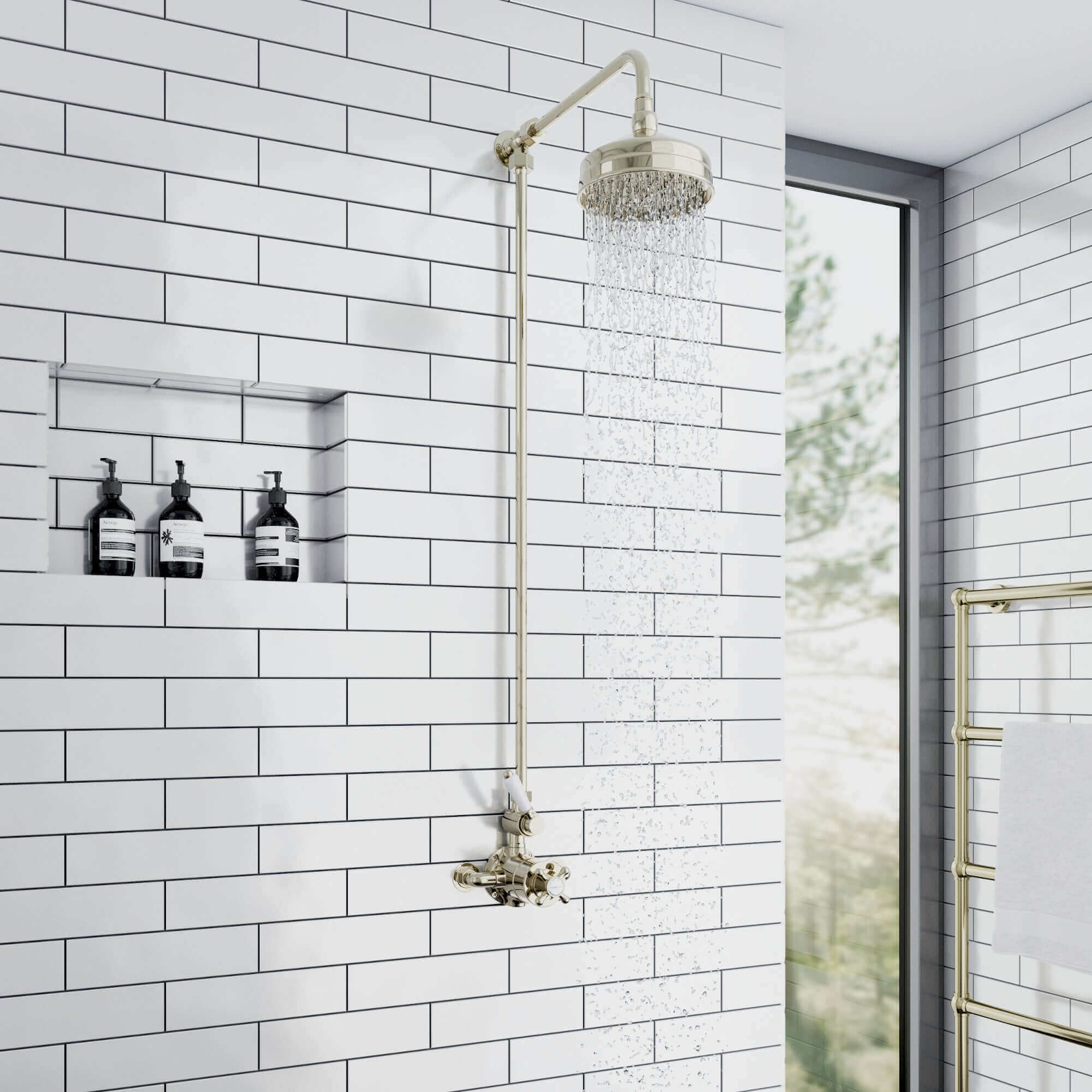 Buy Downton Exposed Traditional Thermostatic Shower Set Single Outlet Incl. Twin Shower Valve, Rigid Riser Rail, 150mm Shower Head - Gold Online UK | HOUSE OF ENKI